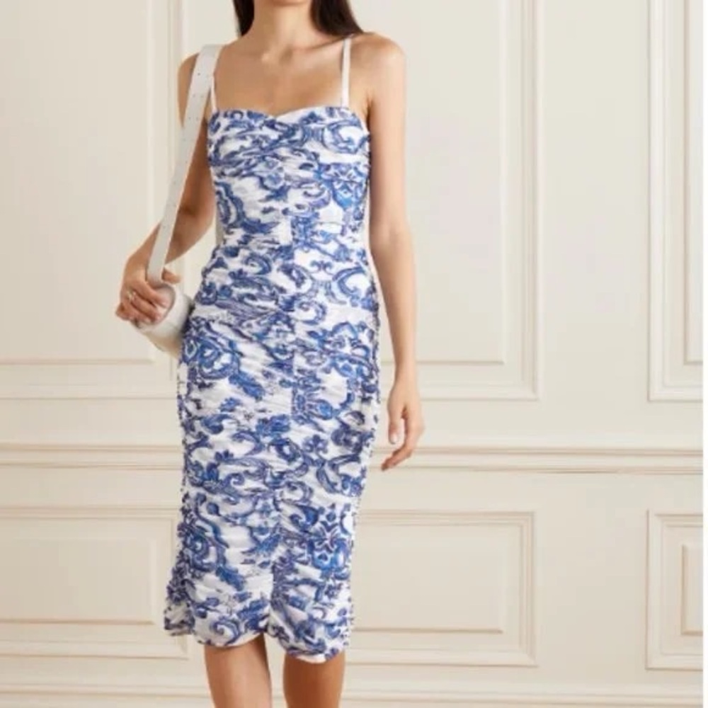 L'AGENCE RUCHED MESH PRINTED CAPRICE MIDI FLORAL BLUE DRESS sz 6